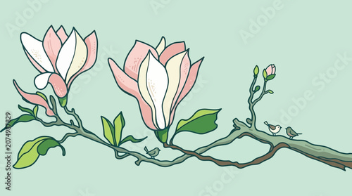 淡いグリーンの背景に描かれた、優雅な木蓮の花と蕾がついた枝の美しい手描き風イラストレーションで、春の訪れを感じさせる繊細で柔らかな色使いが特徴的なデザイン素材です。