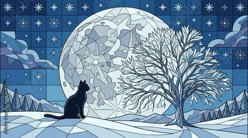 夜空に輝く幾何学模様の大きな月と、雪景色の中で佇む黒猫、そして冬の木々を描いたスタイリッシュで幻想的な青いトーンのデジタルイラストレーション。