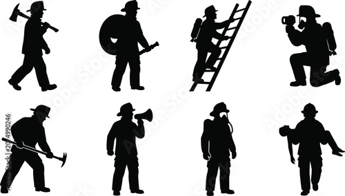 Obraz na płótnie Firefighter black silhouette set featuring first responders in action carrying g