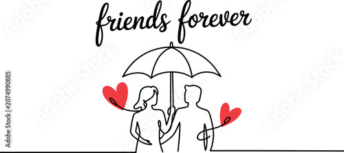 Obraz na plátne Minimalist continuous one line drawing of a couple under an umbrella with red hearts, friends forever concept
