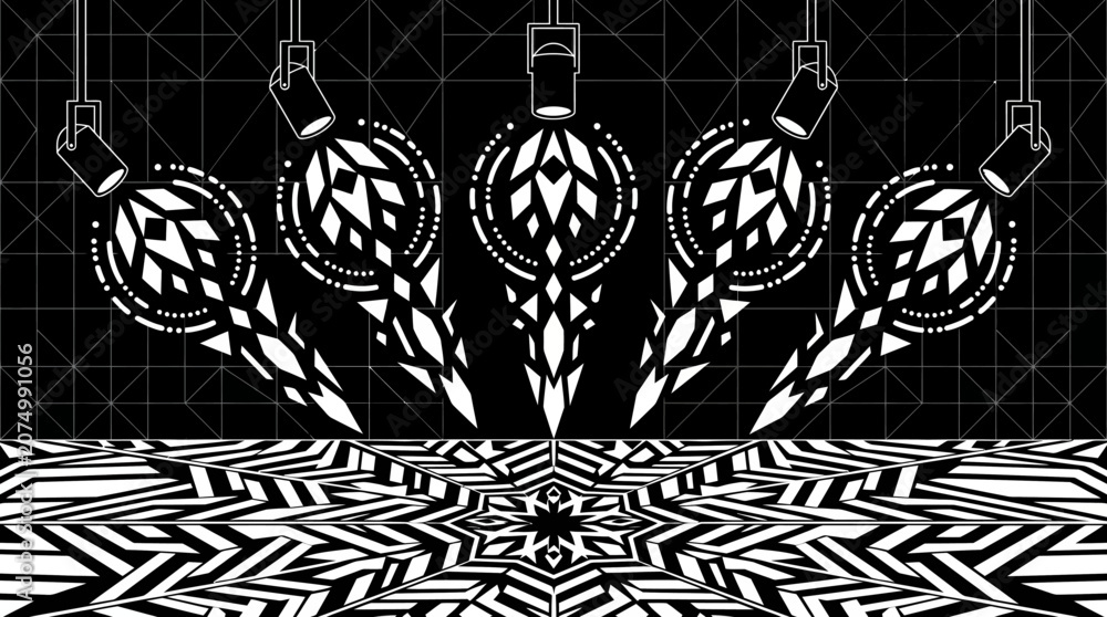 Fototapeta premium Abstrakcyjna czarno-biała ilustracja przedstawiająca pięć geometrycznych reflektorów oświetlających podłogę z hipnotyzującym, symetrycznym wzorem w stylu op-art i futurystycznym klimacie.