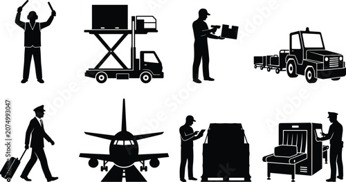 Photos Airport ground handling cargo logistics and aviation security service black silh