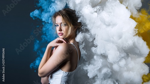 Fashion Portrait of Woman Surrounded by Dramatic Colored Smoke