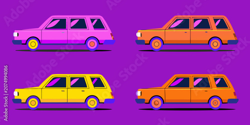 Obraz na plátně Colorful Station Wagons Vector Illustration On Purple Background