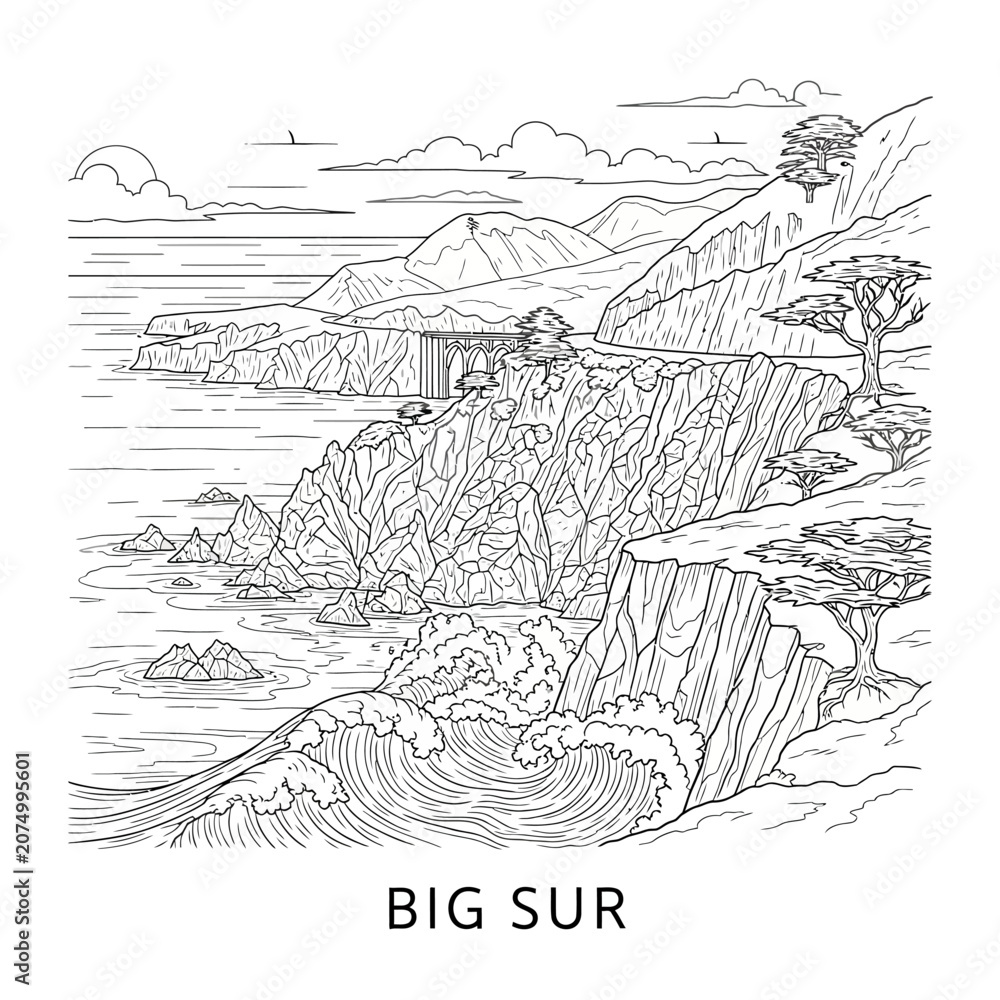 Fototapeta premium Big Sur Coastline California Black and White Line Art Drawing