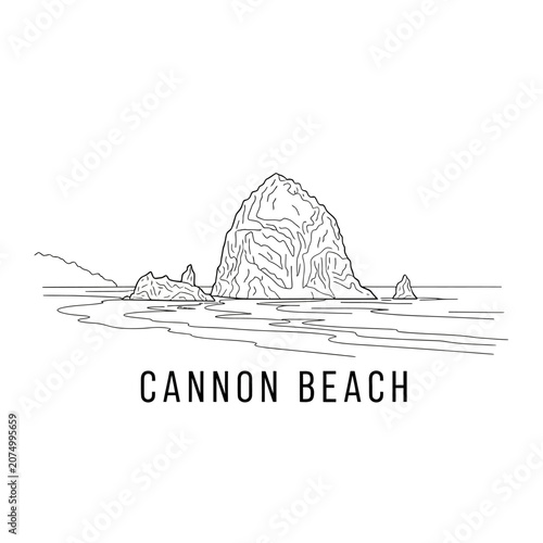 Cannon Beach Oregon Line Art Drawing Landscape with Haystack Rock