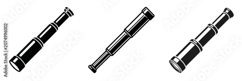 Black and white vector icon of a vintage spyglass/telescope, extended diagonally (45-degree angle)