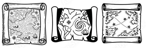 Old treasure maps depicting ancient geographical discoveries and adventures