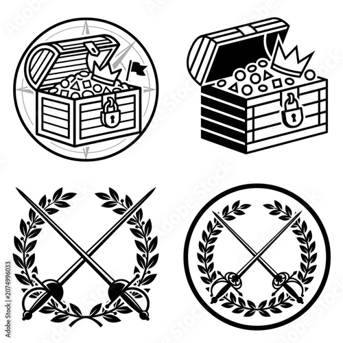 Treasure chests and swords in a vintage exploration style with black and white graphics