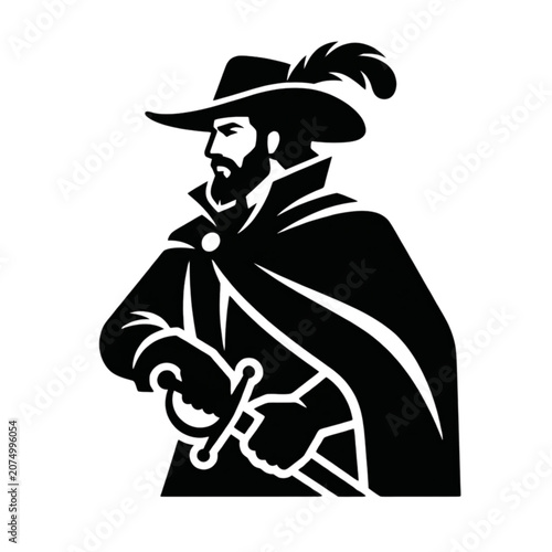 Black and white vector silhouette of a sea captain