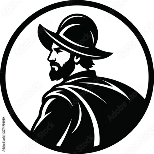 Black and white vector silhouette of a conquistador.  The concept of Great Geographical Discoveries
