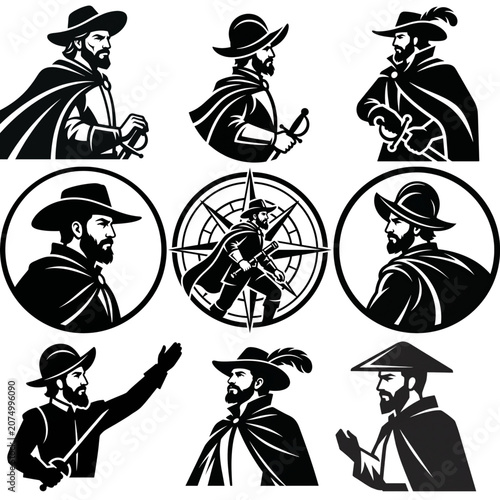 Explorers in black and white style with adventurous poses and nautical elements