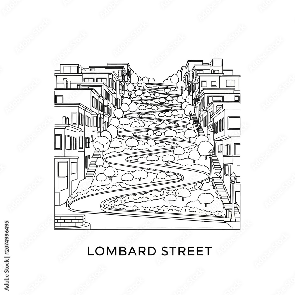 Obraz premium Lombard Street San Francisco Illustration - Winding Road, Buildings, Trees, Cityscape