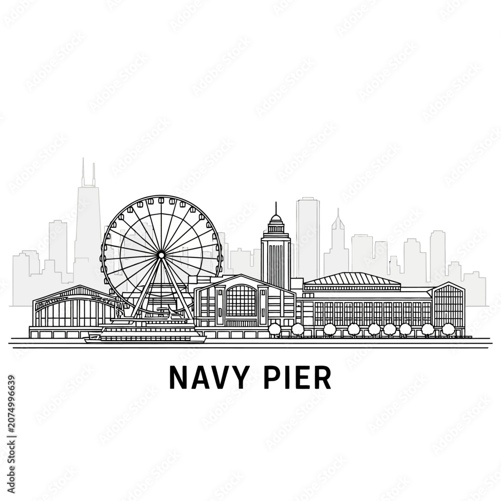 Obraz premium Navy Pier Skyline with Ferris Wheel in Chicago - Black and White Line Art
