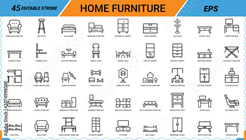 Home furniture icon set featuring interior design items seating tables bedroom and storage cabinets.