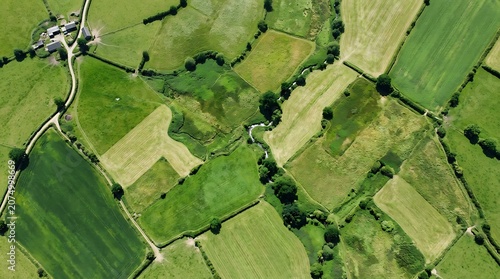 Aerial view of green farmland landscape.