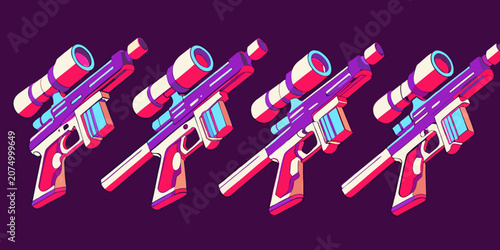 Fotografie Stylized Water Blasters Isometric Vector Illustration With Purple Background