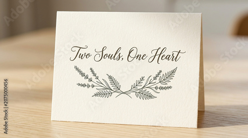 Elegant wedding card with Two Souls One Heart calligraphy, cream textured paper greeting card, romantic floral stationery on wooden table