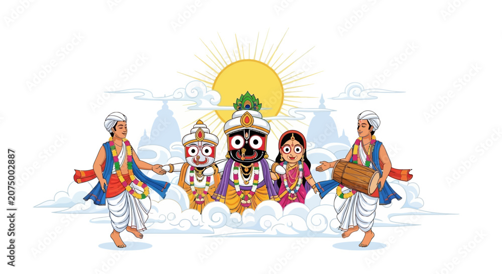 Naklejka premium Rath yatra celebration with jagannath balabhadra and subhadra idols