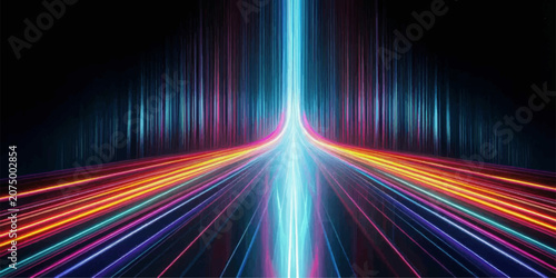 Foto A vibrant abstract display of glowing neon light streaks converging in a futuristic tunnel, symbolizing speed, technology, and digital innovation
