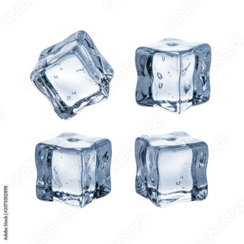 Four distinct, crystal clear, irregular artisanal ice cubes with razor-sharp edges, microscopic bubbles, glistening on a transparent background, concept for luxury beverage advertising