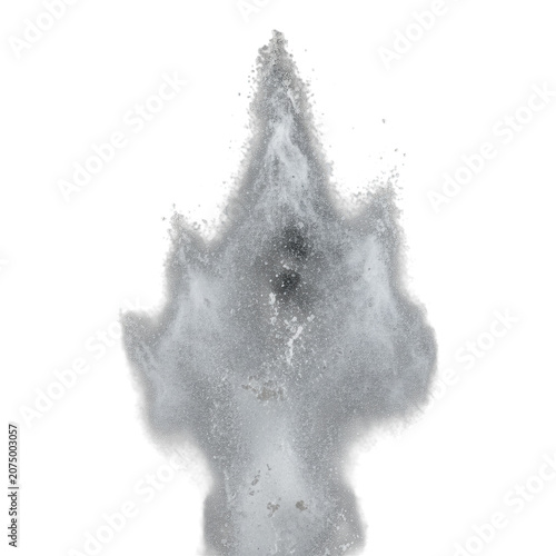 Microscopic translucent white particles burst upwards, chaotically scattering against a matte black void, frozen in extreme high-speed macro detail, dramatic lighting. Concept of explosive kinetic