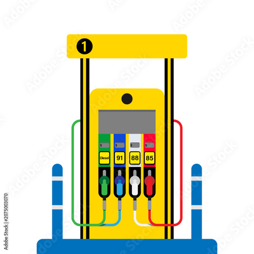 Yellow Gasoline Pump Station with Colorful Fuel Nozzles on White Background
