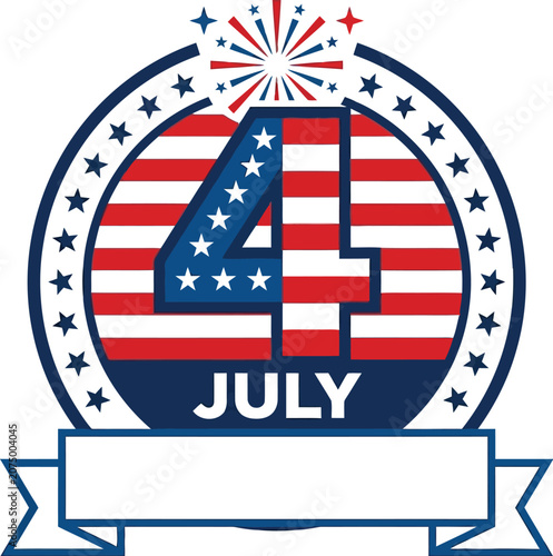 Patriotic 4th of July emblem with American flag stars and stripes, Independence Day badge with fireworks and ribbon, red white and blue holiday vector
