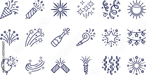Celebration line icons set, 18 party fireworks and confetti vector elements, minimalist holiday event symbols for birthday and new year festival