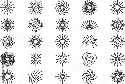 Minimalist firework line icons, set of 25 geometric sunburst and starburst vector elements, black linear sparkle and explosion symbols for celebration