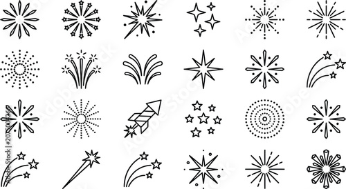 Minimalist firework line icons set, 24 celebration sparkler and rocket vector elements, black thin stroke festive pyrotechnics for party design