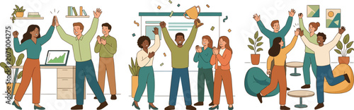Successful business team celebrating achievement, diverse office colleagues cheering with trophy, happy professional workers high fiving for goal accomplishment