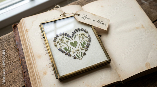 Vintage brass frame with pressed flower heart, romantic botanical art on old book, Love in Bloom gift tag with dried lavender and petals