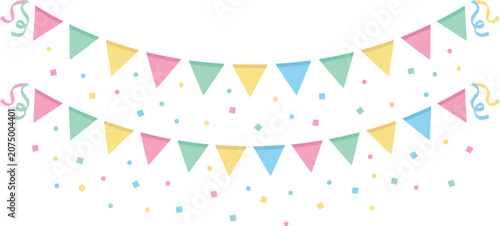 Pastel party bunting flags with colorful confetti, festive birthday garland vector illustration, soft colored pennant banner for celebration events