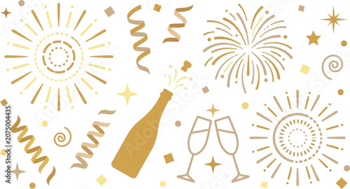 Golden celebration party elements vector, champagne bottle with popping cork and clinking glasses, festive fireworks and confetti background