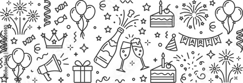 Celebration party line art pattern, festive birthday icons background, black and white holiday doodle vector with champagne and balloons