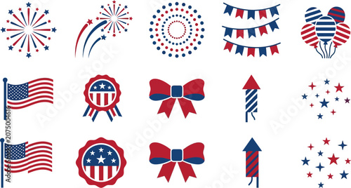 Patriotic 4th of July icon set, American Independence Day celebration elements, red white and blue fireworks and flags, 15 vector graphics for holiday design