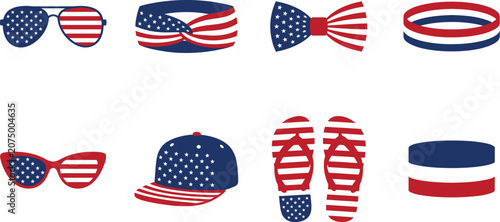 Patriotic American flag fashion accessories set, 8 red white and blue summer apparel icons, USA themed sunglasses and clothing vector