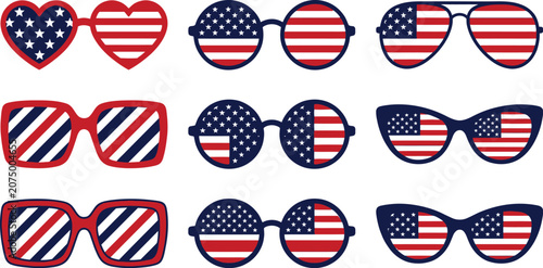 Patriotic American flag sunglasses collection, 9 vector eyewear icons with stars and stripes, 4th of July party glasses set for Independence Day