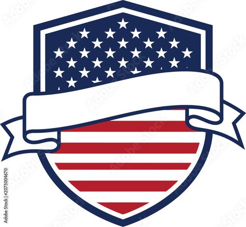 American flag shield emblem with blank ribbon banner, patriotic USA crest with stars and stripes, red white and blue heraldic vector sign