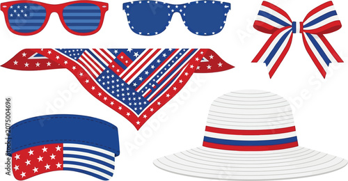 Patriotic American flag accessories set, 6 vector elements with stars and stripes, red white and blue fashion items for 4th of July celebrations