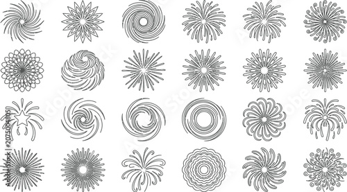 Geometric mandala line art collection, 24 abstract circular spiral ornaments, black and white radial sunburst vector set for logo design