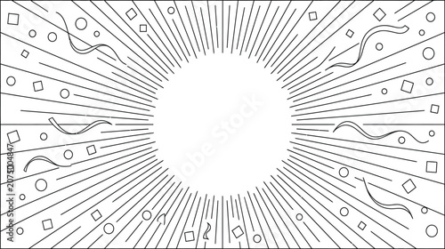 Retro comic sunburst background with confetti, black and white radial starburst vector, vintage pop art explosion frame for coloring book