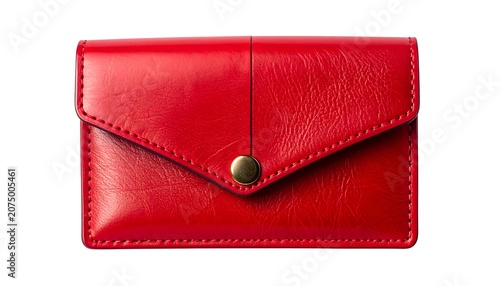 A vibrant, close-up photograph showcasing a glossy, red leather cardholder with a decorative button clasp. The background is white