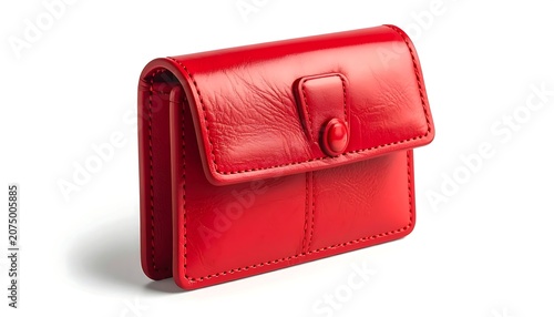 A vibrant, close-up photograph showcasing a glossy red leather wallet with a button closure and precise stitching details