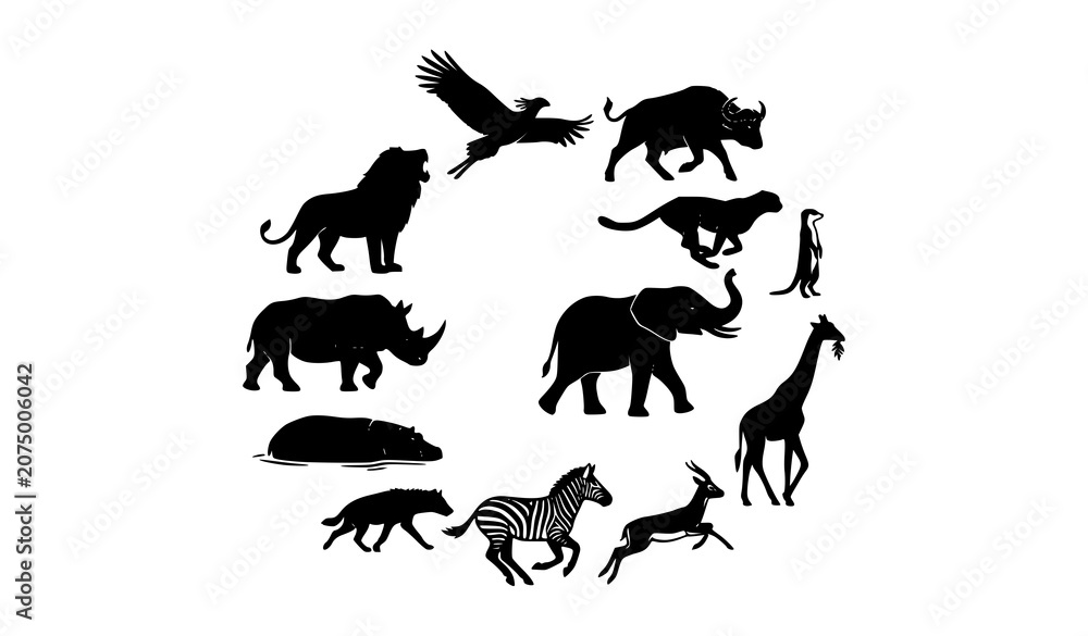 Obraz premium African Safari Animal Silhouette Collection with Dynamic Wildlife Poses Black Vector Icons Isolated on White Background