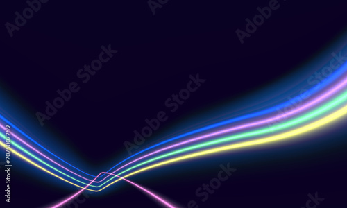 Abstract colorful neon line waves shining flow on the dark background