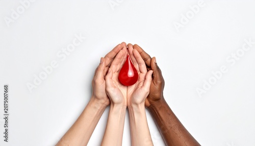 Diverse Hands Stacked Together with Red Blood Drop Isolated on White Global Blood Donation Unity and Humanitarian Solidarity Concept