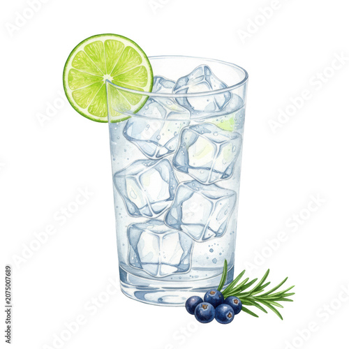 Vibrant watercolor of a clear highball tumbler, melting ice, neon lime, indigo juniper berries, and rosemary sprig on a white background. Refreshing summer drink concept