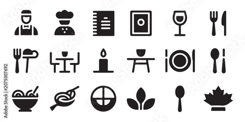 Hospitality and food service icons collection with waiter chef menu and dining table vector graphics.